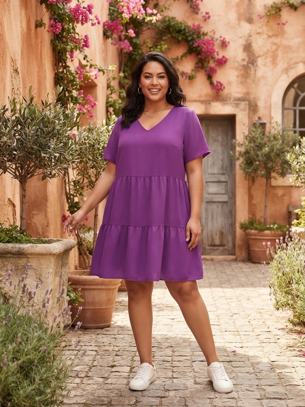 Take 50% OFF- Vibrant Purple Tiered V-Neck Shift Dress, Size-2XL